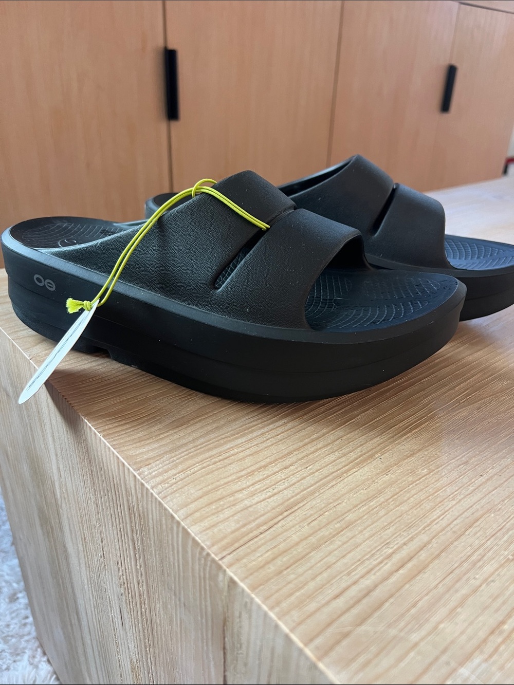 Chunky Black Double-Strap Platform Slides Oofos comfort Sandal Oomega Ooahh